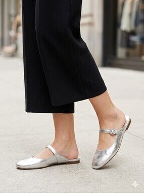 J. Crew Silver Square Toe Mary Jane Mules Slip-On Flats NWOT Size 9
